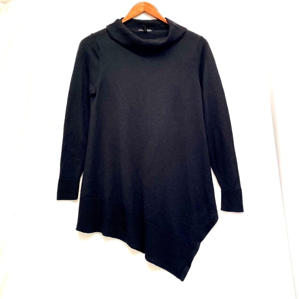 Eileen Fisher Womens Merino Wool Sweater Sz PL Black Turtleneck Handkerchief Hem